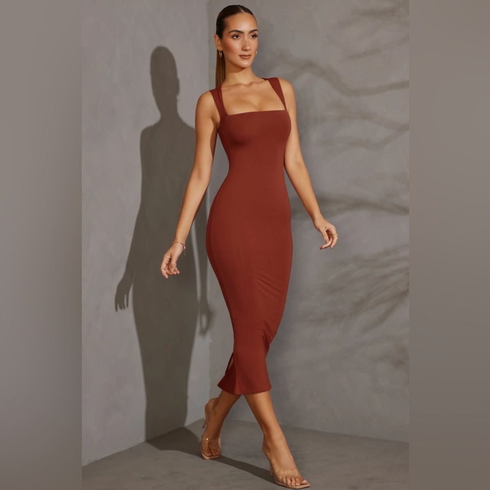 Oh Polly Brick Red Square Neck Bodycon Midi Dress US 0‎ UK 4 NWT G8